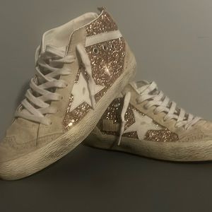 Golden Goose Mid Star Sneakers - Size 38, Pink & Champagne Glitter Gently Used